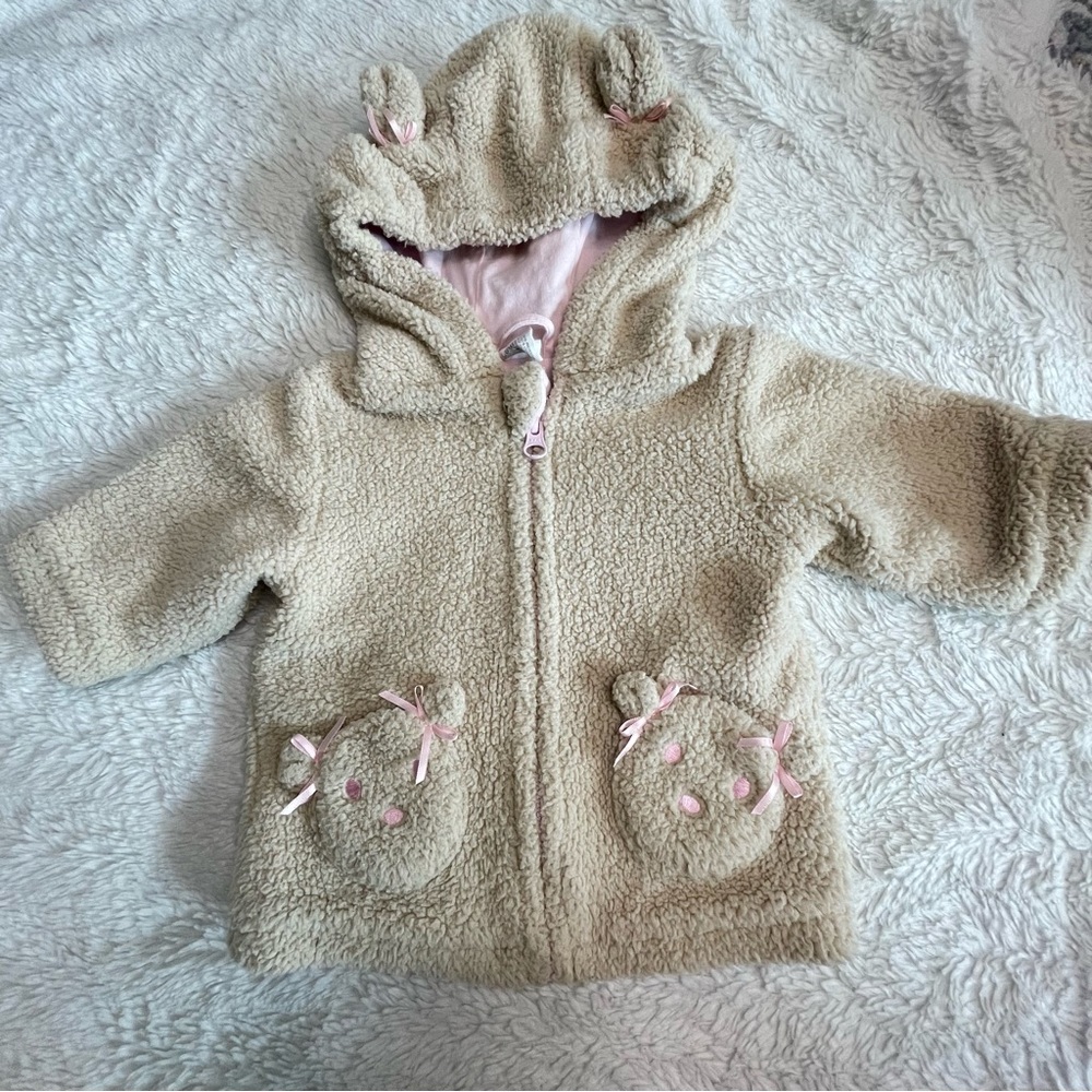 Starting Out Baby Girl Sherpa Soft Tan Pink Bear Hooded Sweater Size 6m